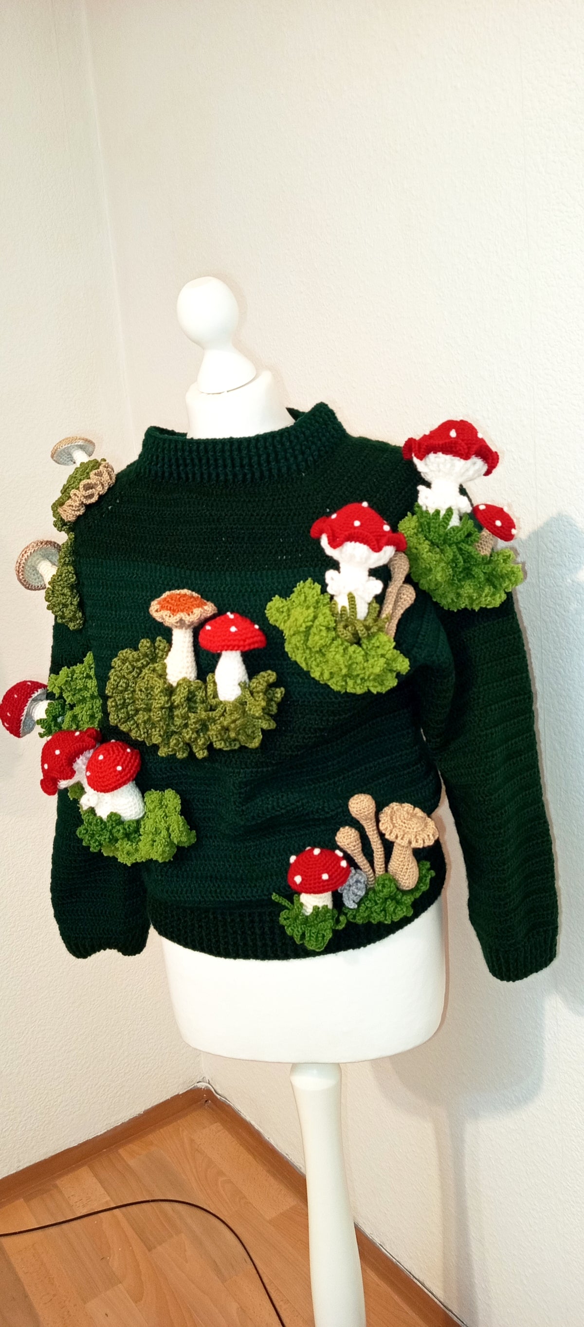 Crocheted sweater with 3D mushrooms