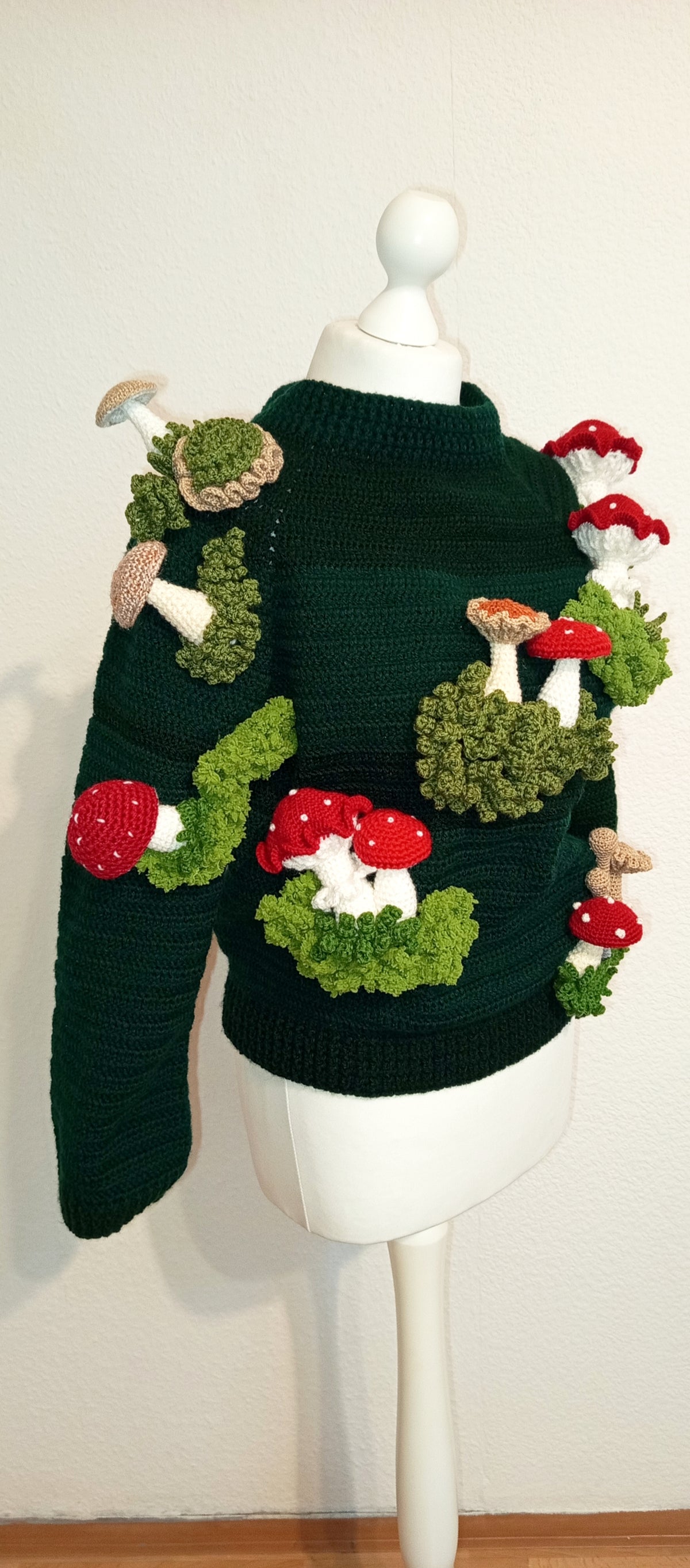 Crocheted sweater with 3D mushrooms