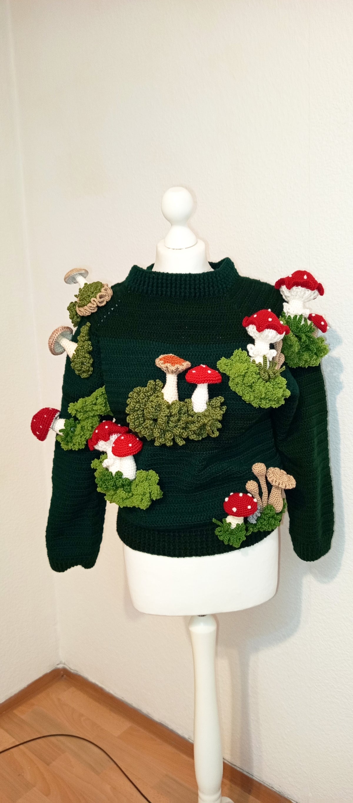 Crocheted sweater with 3D mushrooms