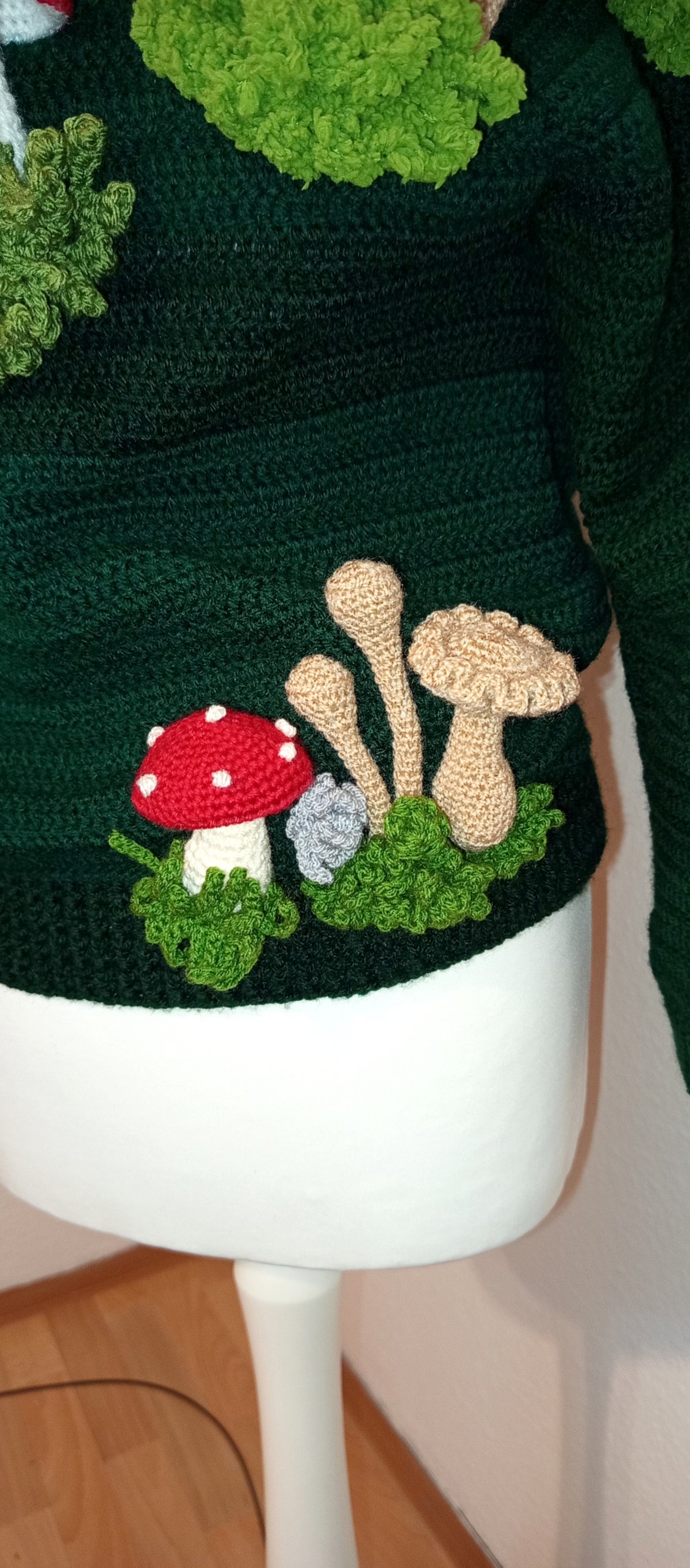 Crocheted sweater with 3D mushrooms