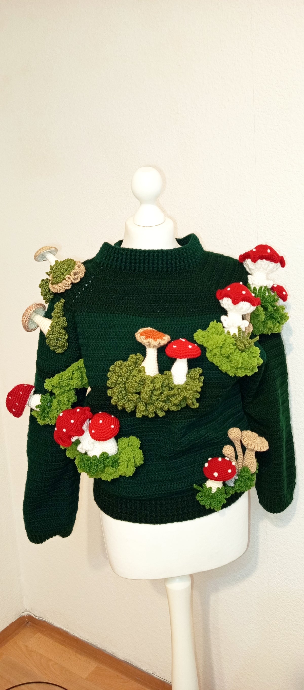 Crocheted sweater with 3D mushrooms
