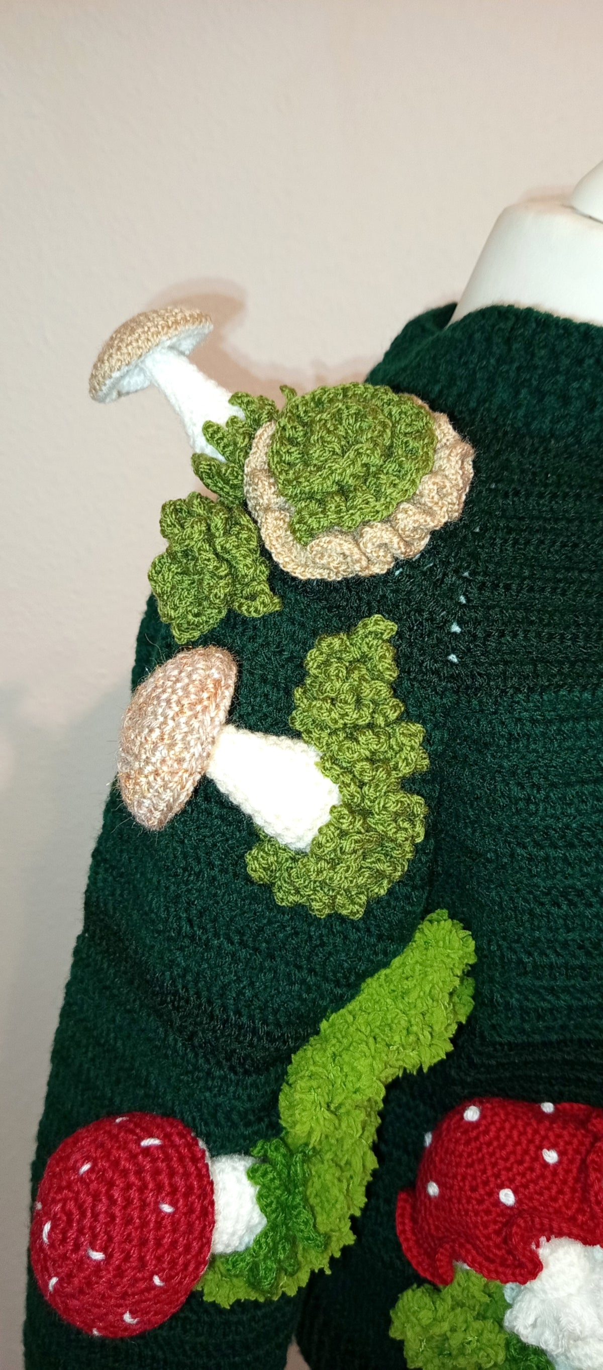 Crocheted sweater with 3D mushrooms