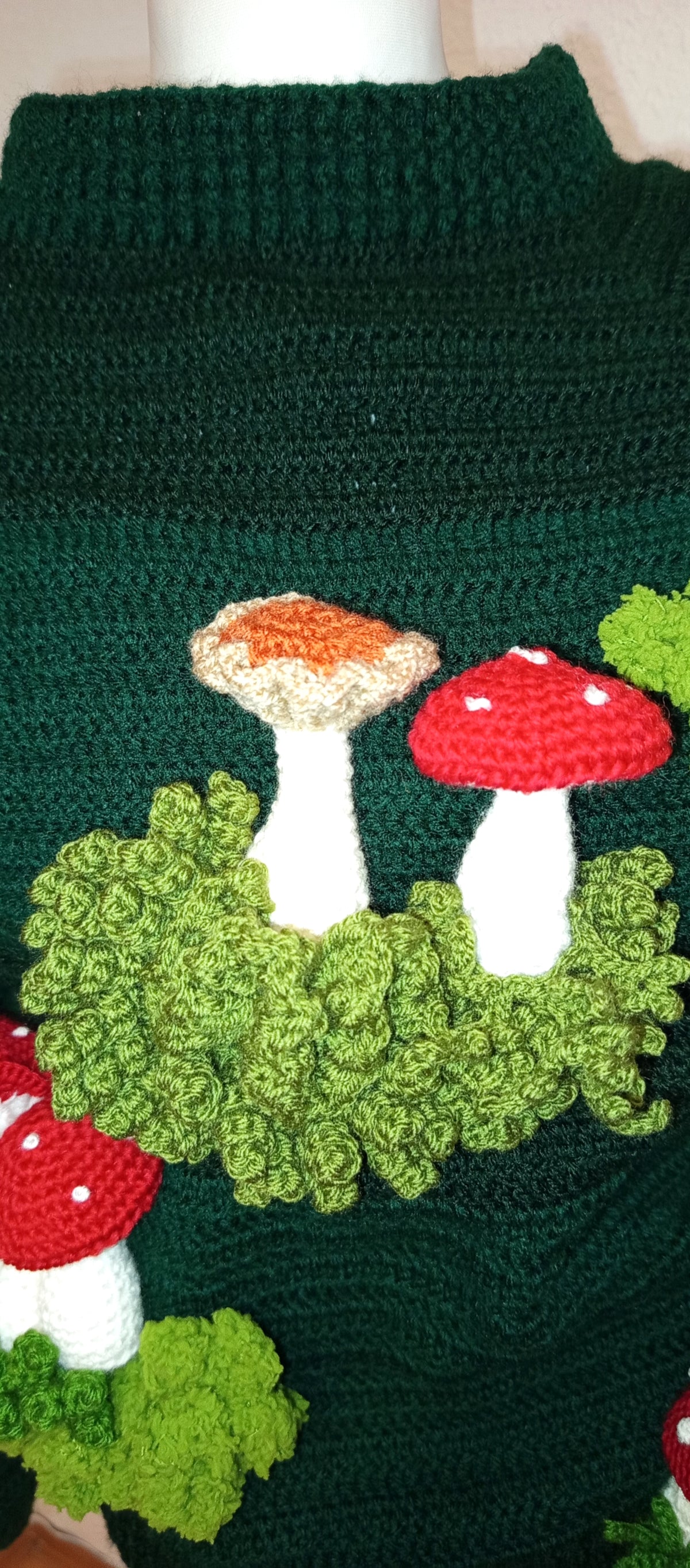 Crocheted sweater with 3D mushrooms